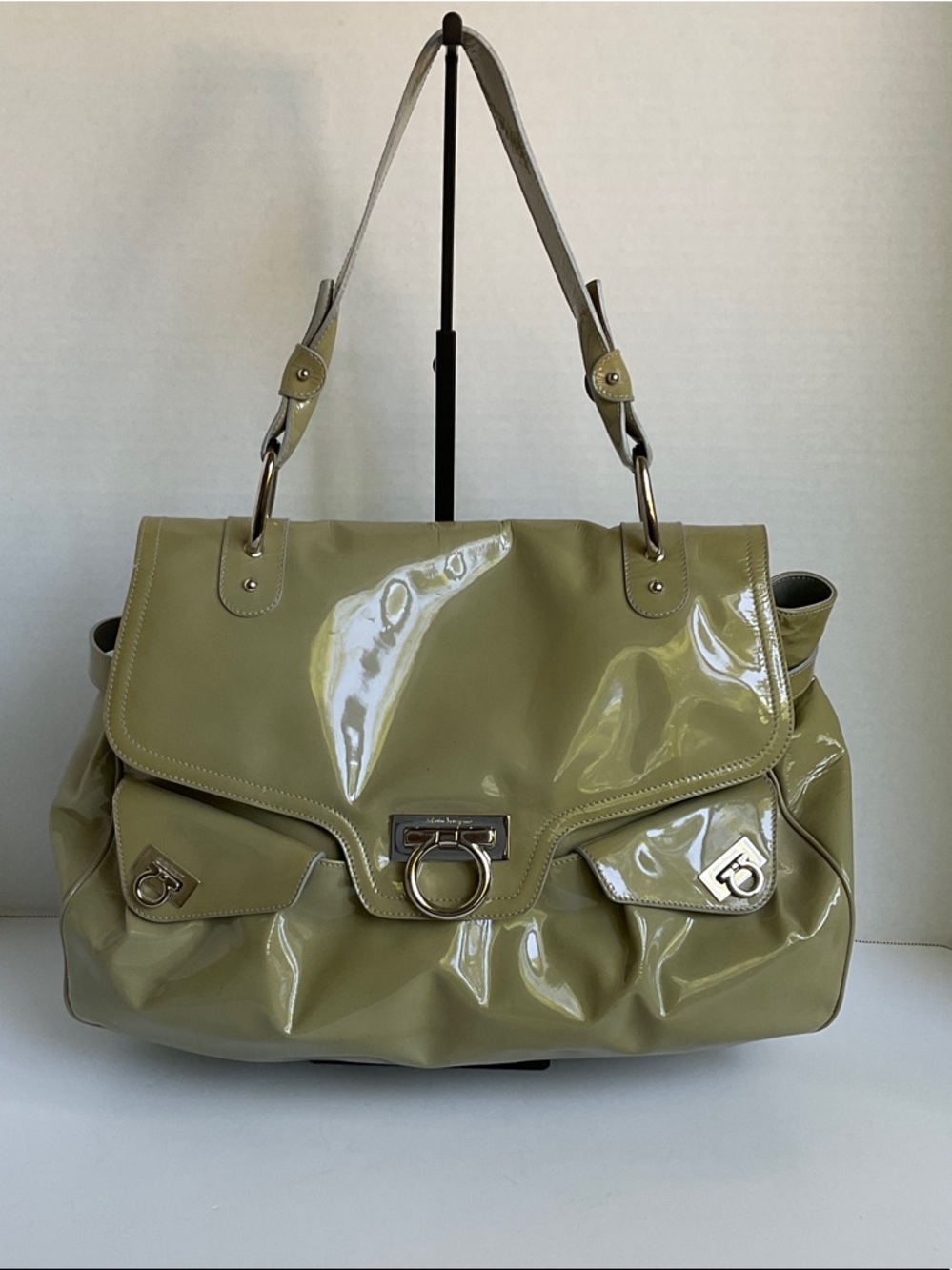 Salvatore Ferragamo Patent Olive Shoulder Bag with Silver Hardware